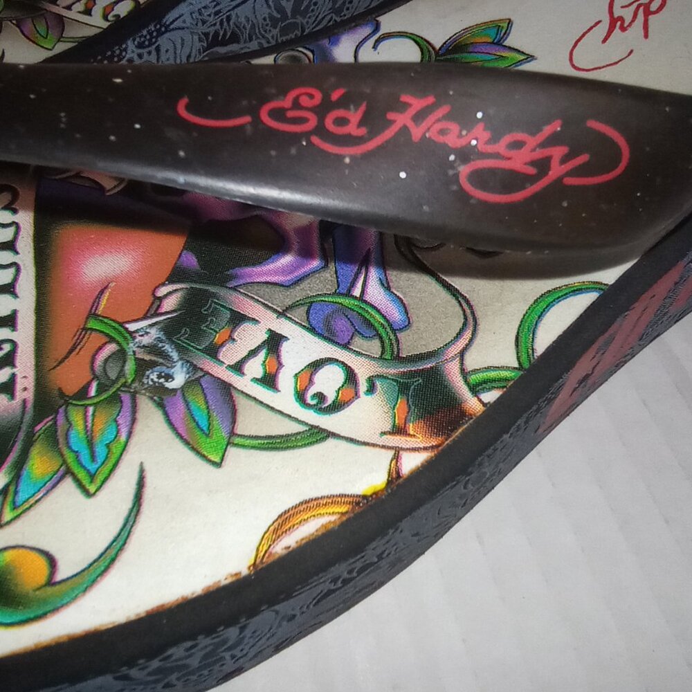 Ed Hardy Y2K Vintage SKULLS Love Kills Slow Wedge Flip Flops Size Approx. 6-6.5 - Picture 11 of 16